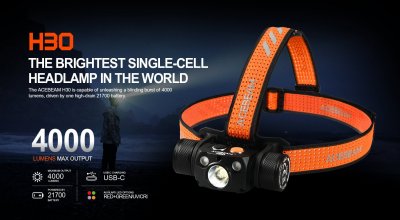 Pannlampa Acebeam H30 6500k + RÖD + UV (Nichia 276A 365nm