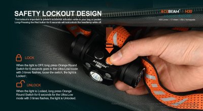 Pannlampa Acebeam H30 6500k + RÖD + UV (Nichia 276A 365nm