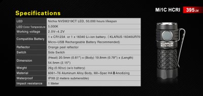 FICKLAMPA EDC KLARUS Mi1C HI CRI NICHIA NVSW219CT 5000K 395 LUMEN INKL BATTERI